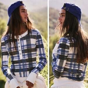 FREE PEOPLE MOVEMENT Women's XL Rally Printed Thermal Layer Top Plaid Blue Black